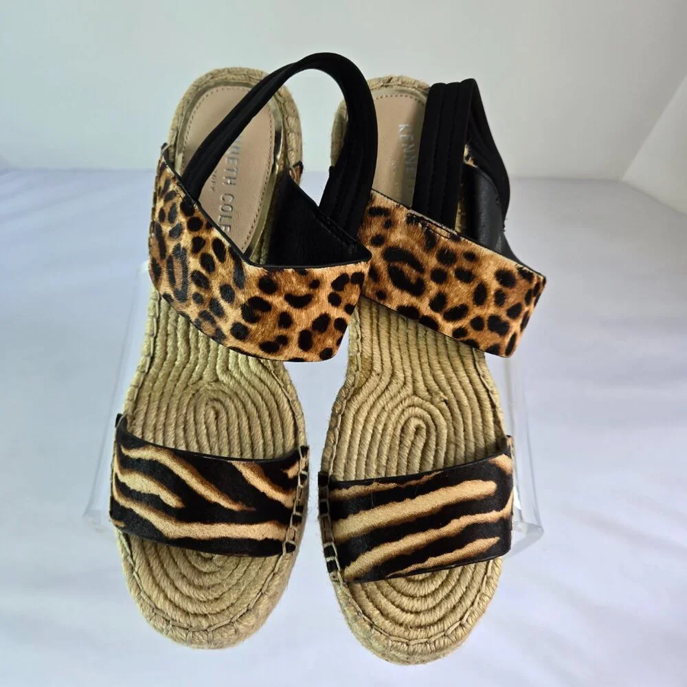 KENNETH COLE Women Espadrille - Open Toe Platform Wedge Sandals Sz 10 Zebra